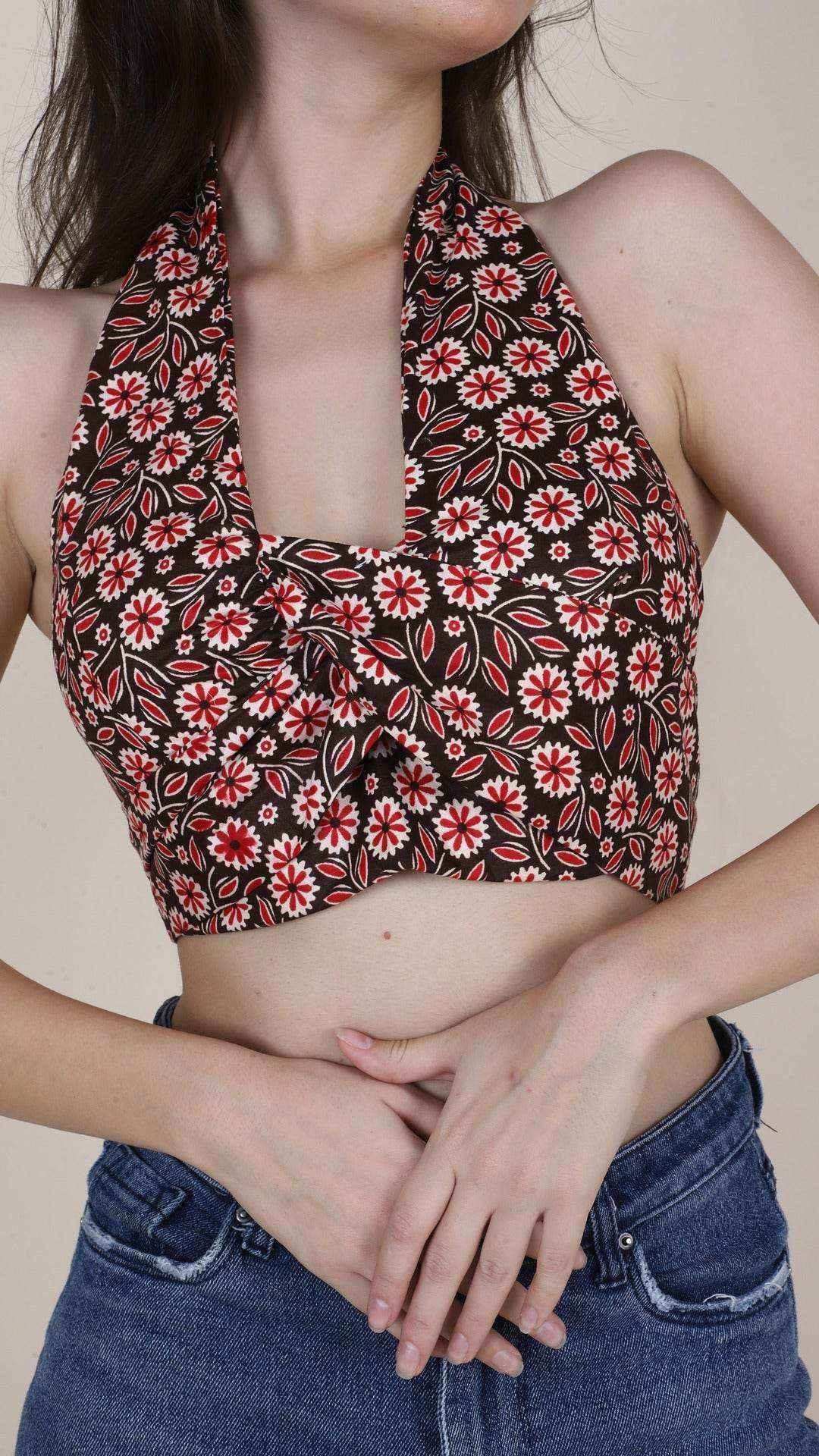 Brown & Red Floral Non-Padded Bralette