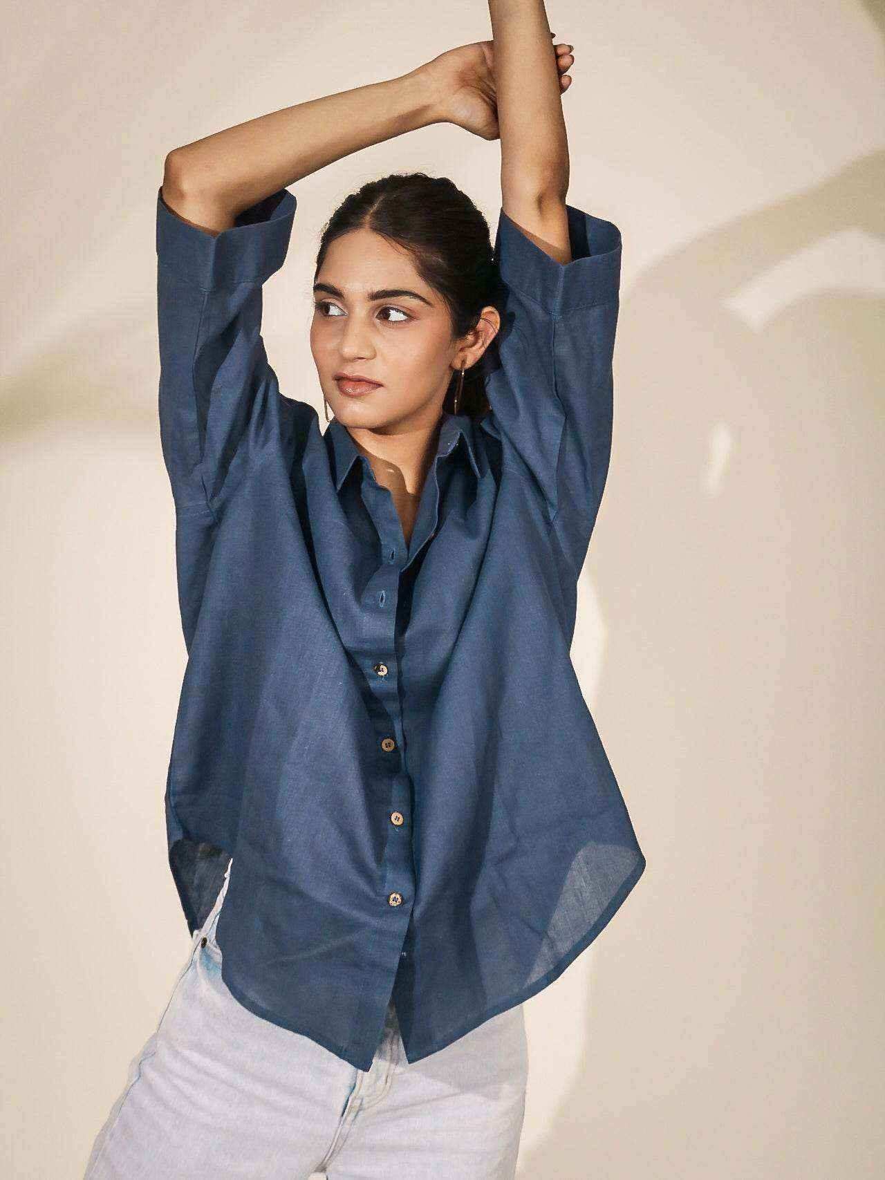 Oversized Seal Blue Grey Khadi Shirt