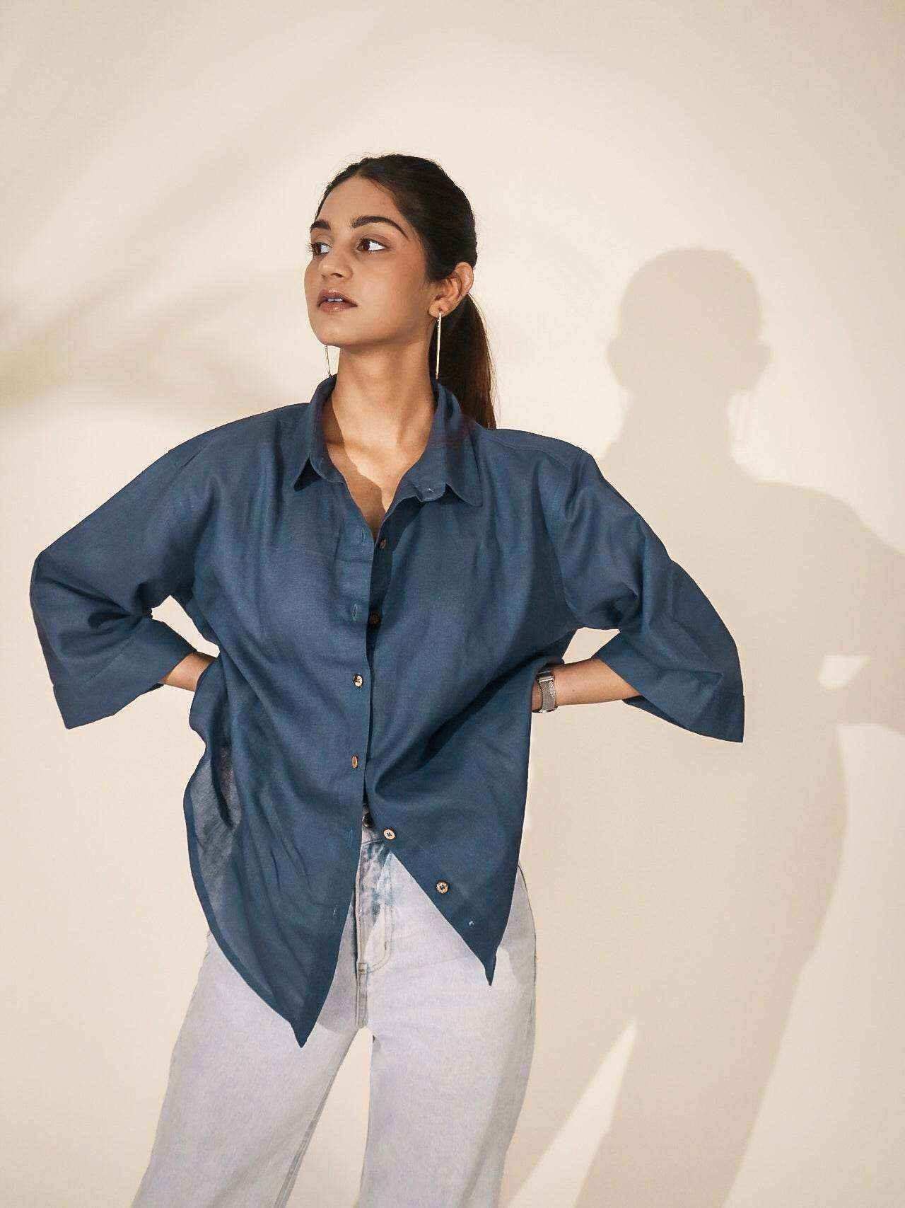 Oversized Seal Blue Grey Khadi Shirt