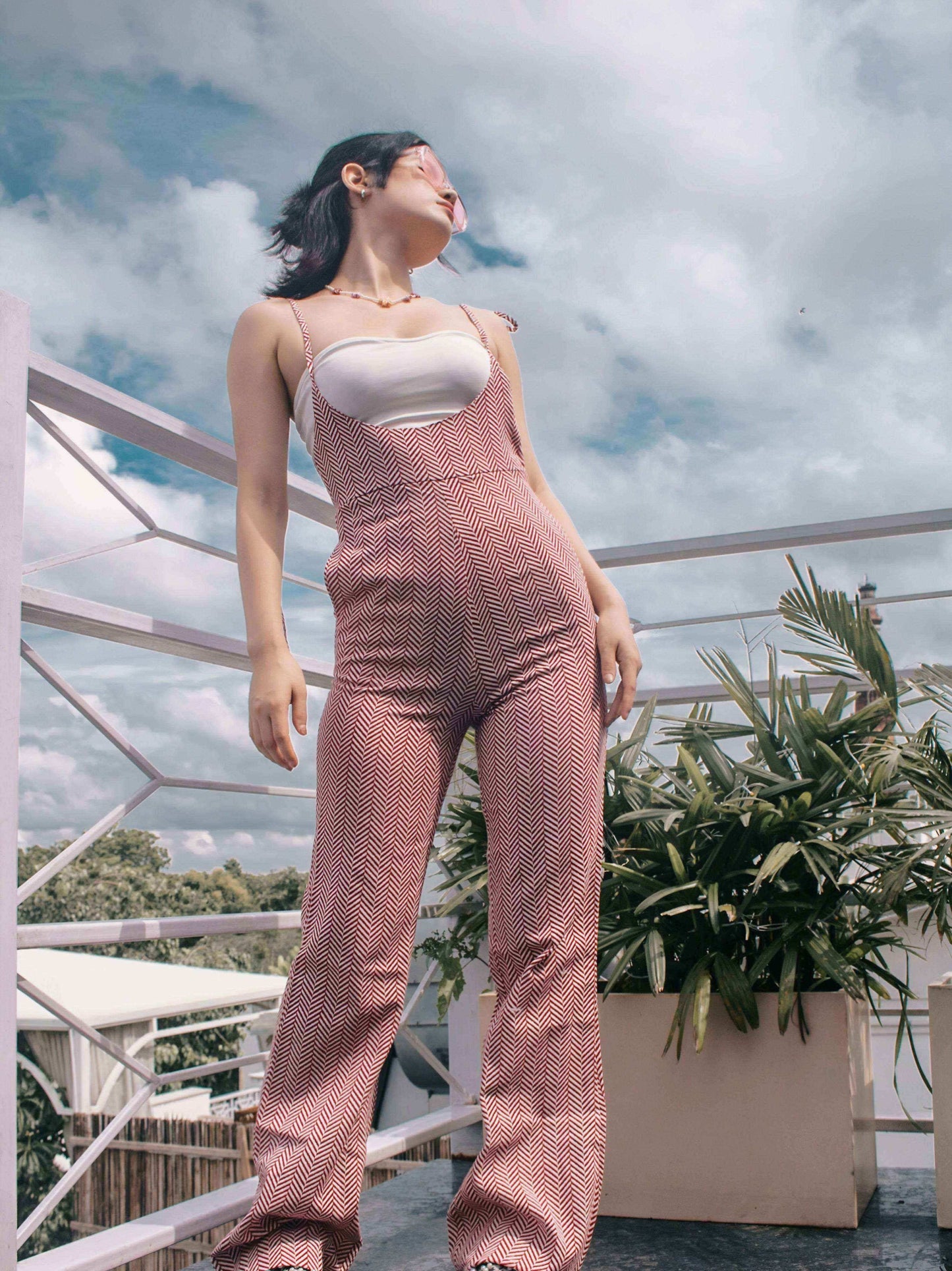 Maroon Line Abstract Box Jumpsuit