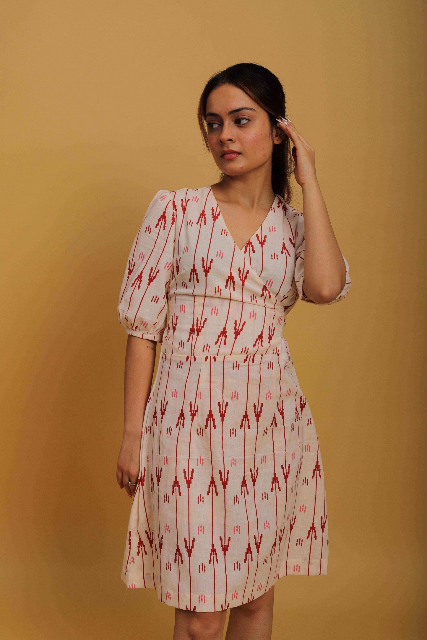 Red & White Khadi A-Line Dress