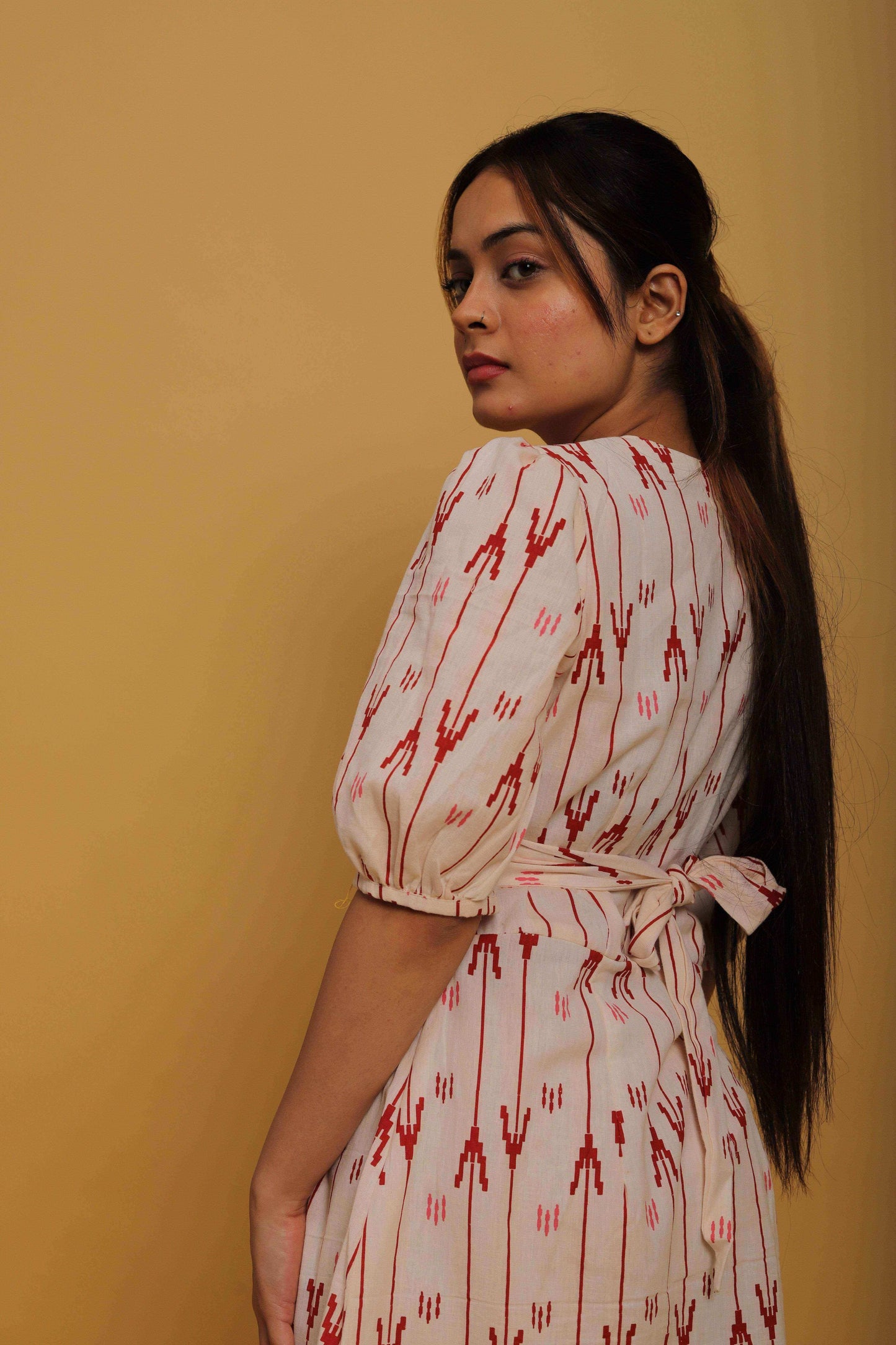 Red & White Khadi A-Line Dress