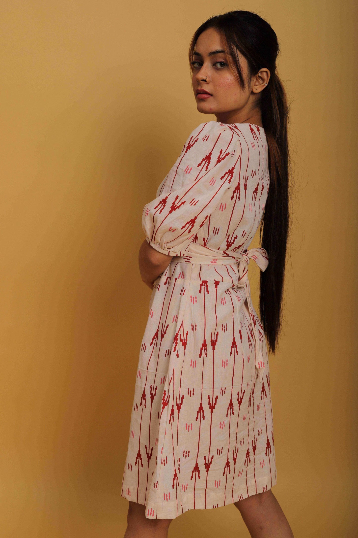 Red & White Khadi A-Line Dress
