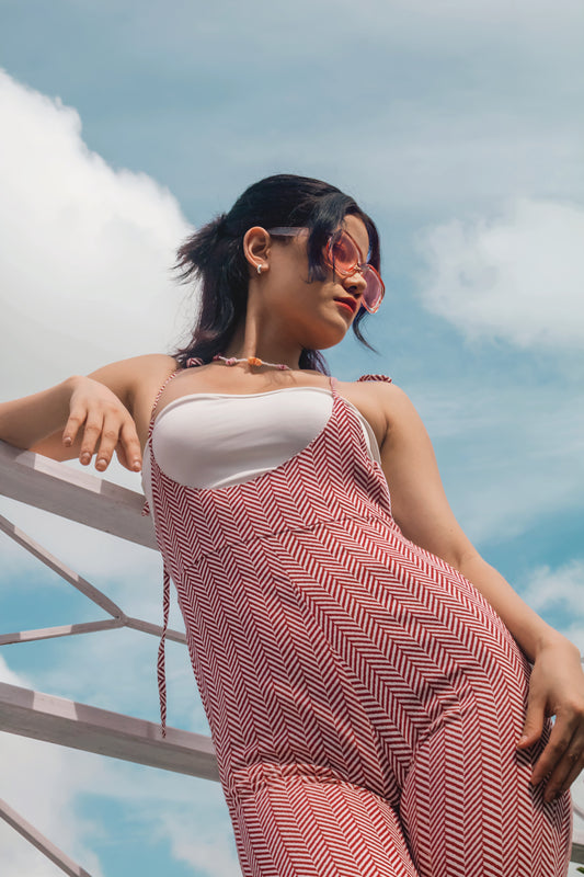 Maroon Line  Abstract Box Jumpsuit