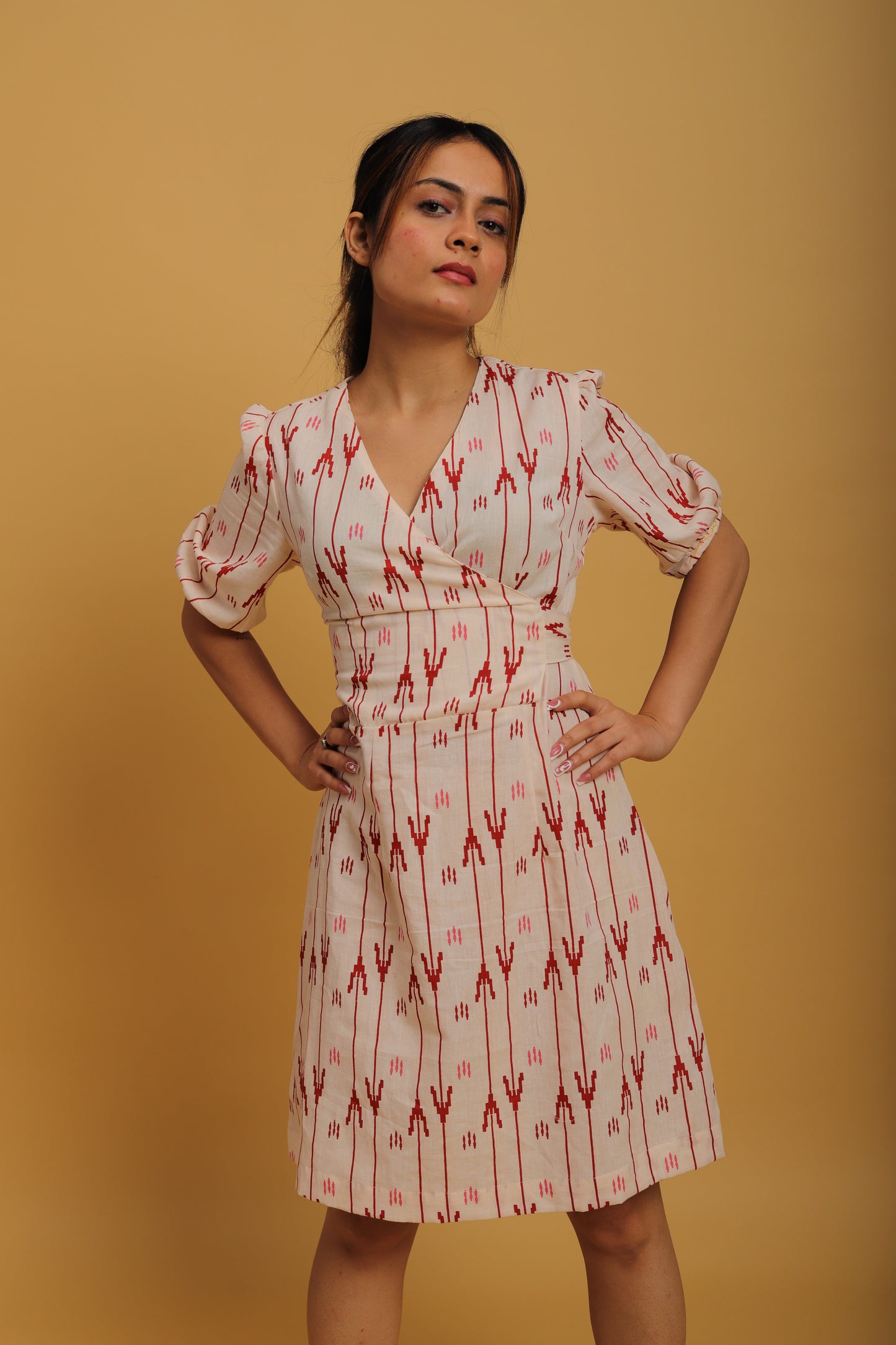 Red & White Khadi A-Line Dress