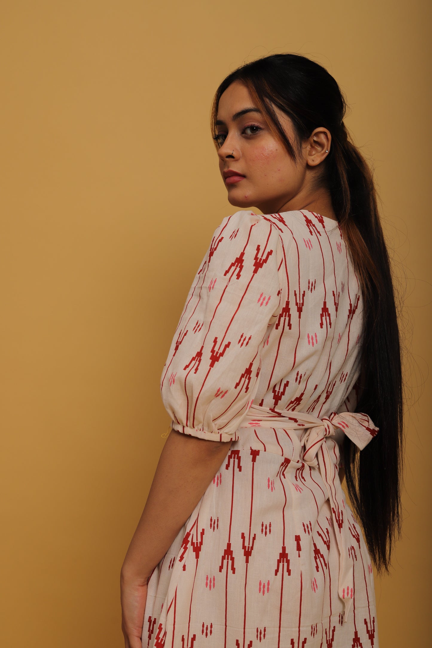 Red & White Khadi A-Line Dress