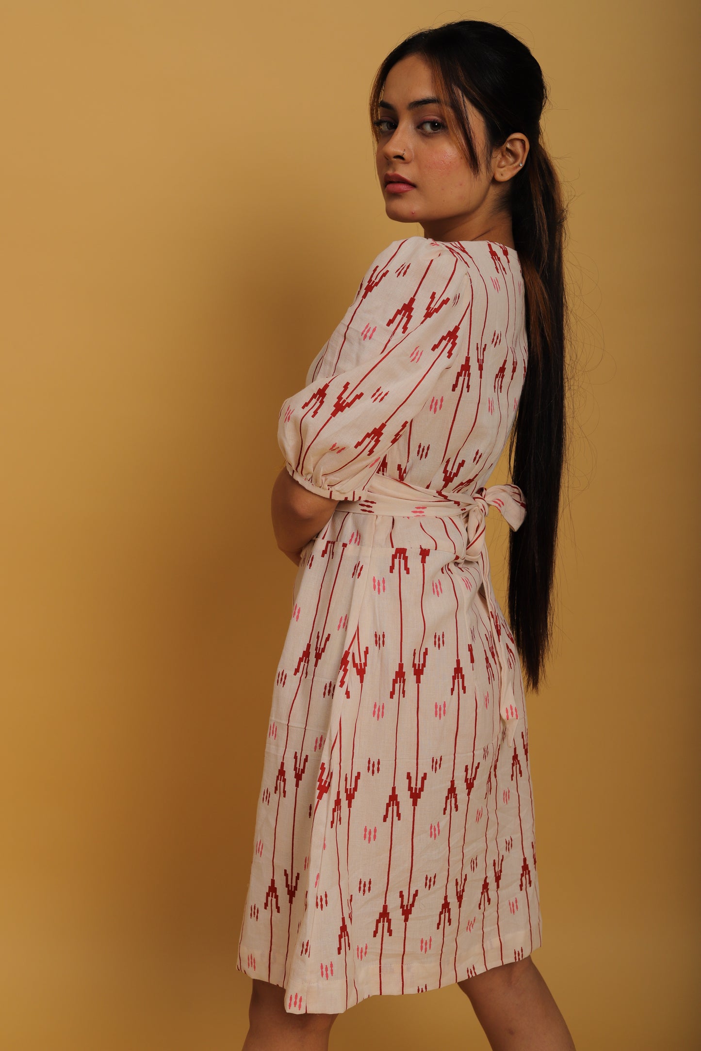 Red & White Khadi A-Line Dress