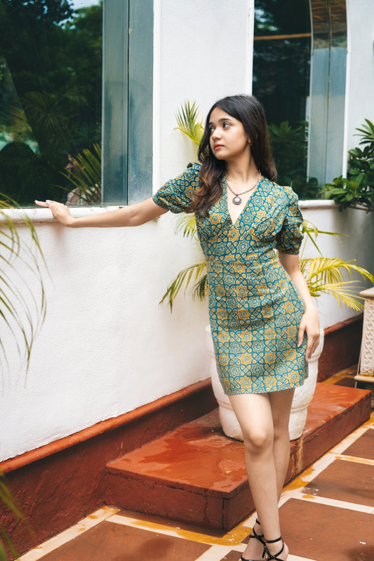 Teal Mustard Straight Fit Cotton Dress