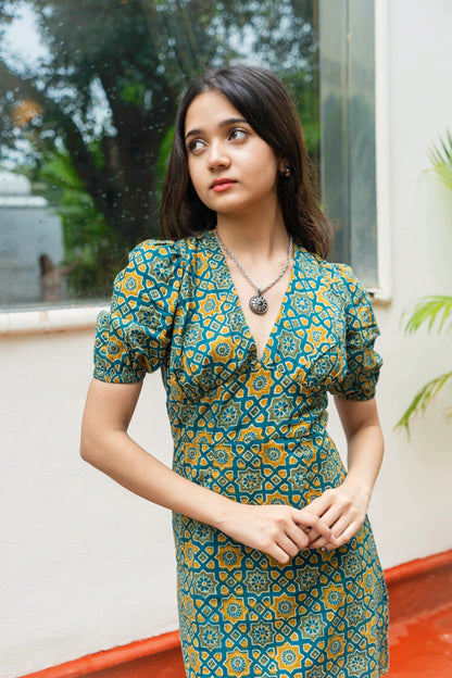 Teal Mustard Straight Fit Cotton Dress